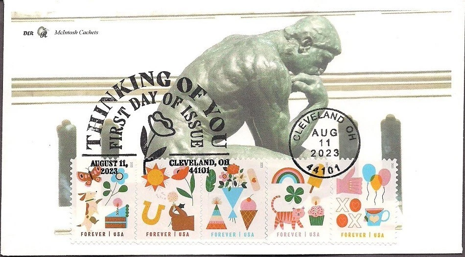 Thinking of You First Day Cover-2023- B&W Cancels-All 5 Stamps- McIntosh Cachets - Image 1 of 1