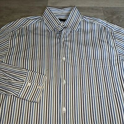 Ermenegildo Zegna Shirt Men XLarge Long Sleeve Blue Brown Stripe Button Up Italy - Image 1 of 4