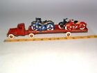 VINTAGE CAST IRON TOY MOTORCYCLE HAULING TRUCK 11" LONG w/ 4 MOTORCYCLES !
