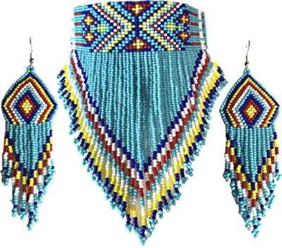 NATIVE BEADED TURQUOISE BLUE HANDCRAFTED CHOKER NECKLACE HOOK EARRINGS SET S18/6 - Image 1 of 4