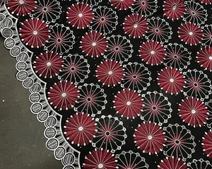 Red Gray Black Rhinestones Embroidery Cotton Lace  Fabric 50” Width 1 Yard - Picture 1 of 5