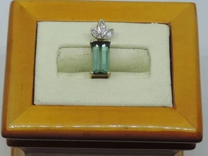 9ct Gold Oblong Pendant set with Green Tourmaline & Diamonds - Picture 1 of 5