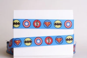 SUPER HERO SYMBOLS Batman Flash Superman THEME BLUE 7/8" Grosgrain Ribbon - Picture 1 of 1