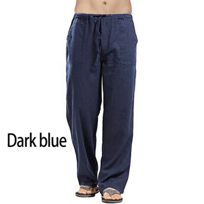Casual Men's Drawstring Straight Pants Loose Cotton Linen Trousers Beach Pants - Image 1 of 4