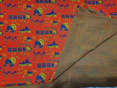 Vtg Double-knit Fabric Train Village Flower Red Blue Yell Grn 70"x  1.7 yds plus - Image 1 of 4