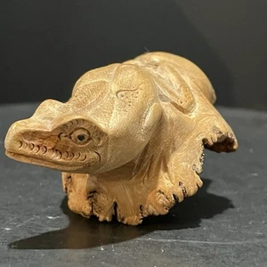 Burl Wood Frog Sculpture Figurine Hand Crafted Carved 4” L 1.75” T Gift  - Picture 1 of 17