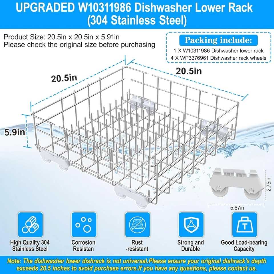 W10311986 W10380384 Dishwasher Lower Dishrack for Whirlpool 304 Stainless Steel - Image 1 of 4