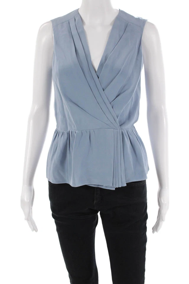 Camiseta sin mangas Erin Fetherston para mujer de seda sin mangas plisada cuello en V azul talla 4 Foto 1 de 4