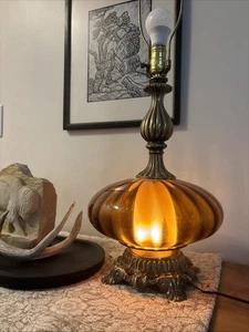 Vtg Mid Century Modern Amber Glass Table Lamp Night Light Hollywood Regency MCM - Picture 1 of 17