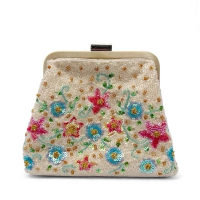 Bolso clutch de noche vintage Neiman Marcus rosa azul crema floral flor con cuentas Foto 1 de 4