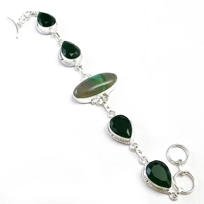 Pulsera enchapada en plata creada en laboratorio ágata esmeralda con bandas de Botsuana D000 Foto 1 de 4