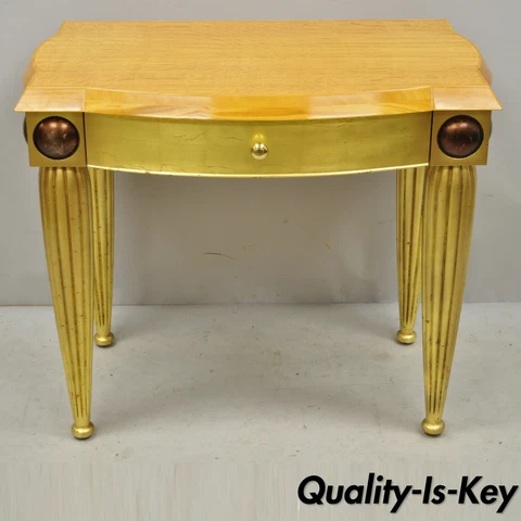 Italian Hollywood Regency Curly Maple Gold Gilt Leaf 1 Drawer Console Hall Table Cover