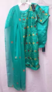 Tuta 7452 verde raso interno Patiala Salwar Kameez Dupatta taglia S - Foto 1 di 2