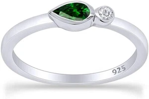 Simulated Emerald & Diamond Bezel-Set Stacking Band Ring 14k White Gold Plated - Picture 1 of 9