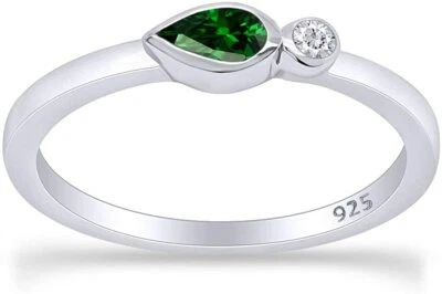 Simulated Emerald & Diamond Bezel-Set Stacking Band Ring 14k White Gold Plated - Image 1 of 4