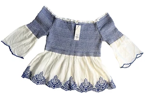 Francescas Women’s Med Shirt Off Shoulder Lace Eyelet Boho Peasant Milk Maid NEW - Picture 1 of 15