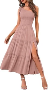 MEROKEETY Women's Summer One Shoulder Sleeveless Knot Smocked Midi Dress Split.. - Picture 1 of 6