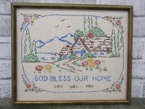 Vintage gerahmt abgeschlossen Stickerei Steppen Nadelarbeit Bild Gott segne unser Zuhause - Bild 1 von 6