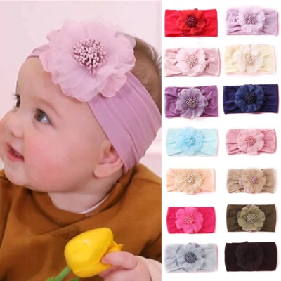 Big Flower Headband Turban Infant Girls Nylon Tulle Elastic Hair Band Headwrap - Image 1 of 4