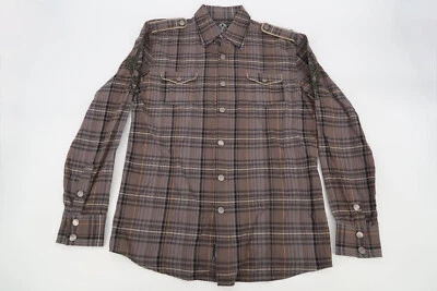 Camisa Roar Para Hombre Mediana Bordada Gris Marrón A Cuadros Botón Delantero Manga Larga Foto 1 de 4