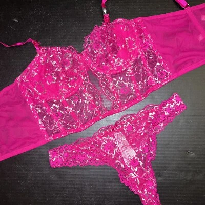 Victoria's Secret unlined 34C 36B M CORSET TOP BRA SET L HOT PINK SILVER lace - Image 1 of 3