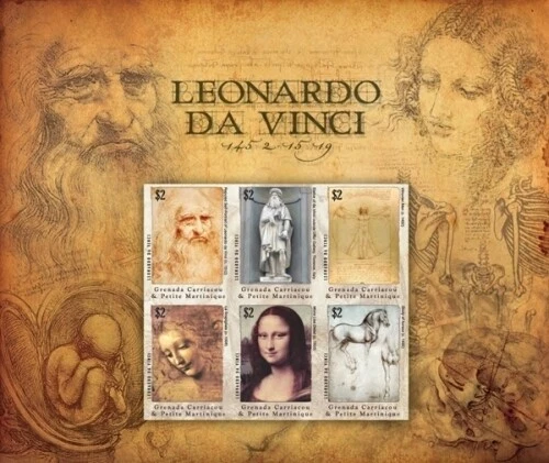 Granadinas 2010 - Arte Leonardo Da Vinci - Hoja de 6 sellos - Scott #2765 - MNH Foto 1 de 1