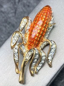 Red Indian Corn Husk Cornhuskers Brooch Pin Austrian Pave Crystal Enamel 2” NWT - Picture 1 of 9