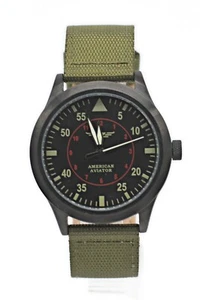 AMERICAN AVIATOR BLACK STAINLESS STEEL MEN'S WATCH WITH GREEN BAND 180615 - Picture 1 of 8
