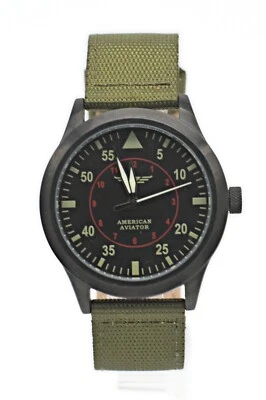 AMERICAN AVIATOR BLACK STAINLESS STEEL MEN'S WATCH WITH GREEN BAND 180615 - Image 1 of 4