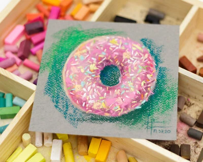 Original Pink Donut Soft Pastel Drawing, Colorful Kitchen Food Tiny Painting Art - Image 1 of 4