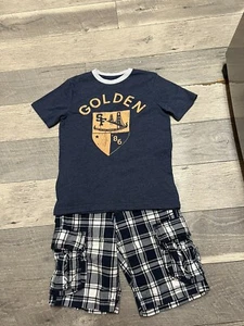 Gap Kids blue plaid shorts with matching blue t-shirt boys 8 Back 2 School - Picture 1 of 4