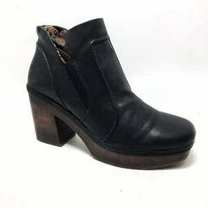 Kork-Ease Black Leather Platform Bootie Sz 8.5 Stretch Chunky Block Heel Chelsea - Picture 1 of 11