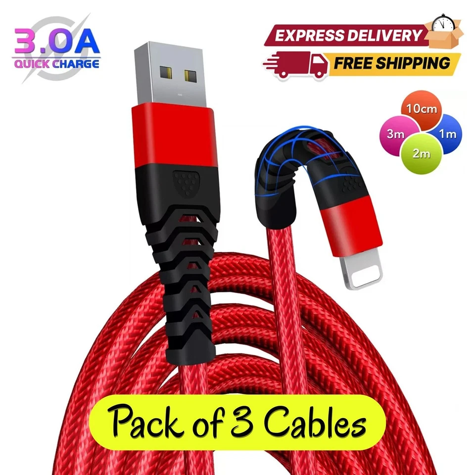 Heavy Duty Braided Long USB Fast Charger Cable Lead For iPhone 14 13 12 11 X 7 8 - Image 1 of 1