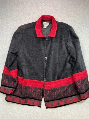 Chaqueta Coldwater Creek para mujer extra grande roja negra ribete de seda Rodeo Western Foto 1 de 4