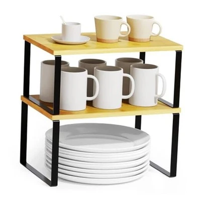  Paquete de 2 organizadores de estantes de gabinete, estante de mostrador de cocina 11,7" W negro + natural Foto 1 de 4