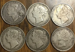 1865 1870 1872 1881 1885 1896 LOT OF 6 NEWFOUNDLAND SILVER 20 CENTS COINS - Picture 1 of 2