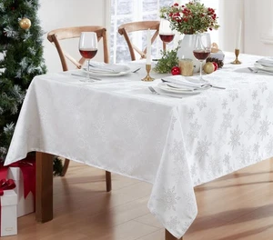 Fancy Metallic Snowflake Christmas Fabric Tablecloth, 52 x 52 Inch Square, Wh... - Picture 1 of 9