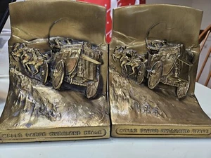 Wells Fargo Bank Overland Stage Book Ends Stagecoach Horses Gold Tone Heavy - Picture 1 of 13