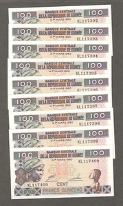 1998 GUINEA 100 FRANCS CAT # P35 CRISP UNCIRCULATED CURRENCY { 10 CONSECUTIVE } - Picture 1 of 2