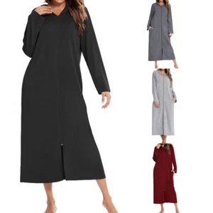 Women's Long Sleeve Hooded Robe Zip Up Bathrobe Full Length Pockets Housecoat - Picture 1 of 32