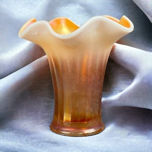 Dugan Iridescent Marigold Carnival Opalescent Glass Vase Standing 5.25 in Tall - Picture 1 of 6
