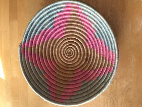 Vintage Pink Coiled Woven Bowl Basket Geometric Design 11.5" Diameter Cover