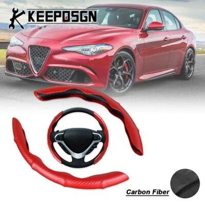 15'' inch Carbon Fiber Red Steering Wheel Cover Non Slip Leather for Alfa Romeo - Image 1 of 4