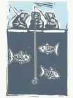 Carte postale Jeff Thompson « Inuit Ice Fishing » (artiste de gravure sur bois) Art populaire MINT