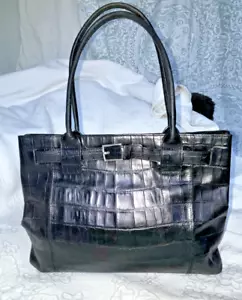 KENNETH COLE Black Leather Croc Print Large Shopper Tote Handbag 14"x11"x4.5" - Picture 1 of 12