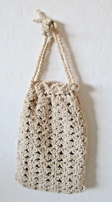 Victorian Retro Hand Crocheted 7.5" x 5" Lined Reticule Purse Bag Beige Vtg AZ18 - Image 1 of 4