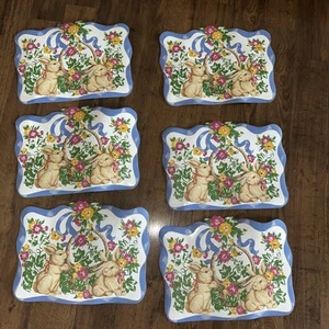 Vintage Easter Basket Floral Bunnies Vinyl Placemats 17” Long Set Of 6 - Picture 1 of 5