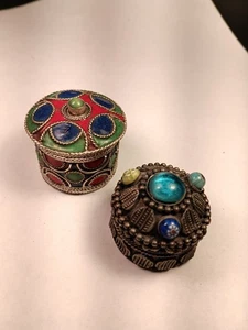 Pair Of Metal Cloisonne Precious Stones Mellefior Pill Boxes - Picture 1 of 11