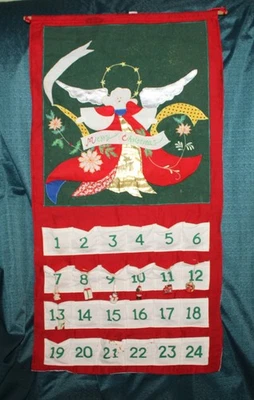 Vintage Cotton Merry Christmas Angel Advent Calendar w/Wood Rod & 23 Ornaments - Image 1 of 4