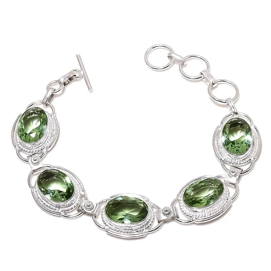 Brazalete de joyería de plata de ley 925 hecho a mano con piedras preciosas de amatista verde tamaño 7-8" Foto 1 de 1